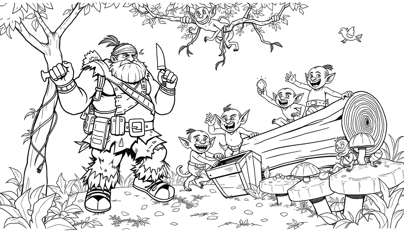 Ein detailliertes Ausmalbild: Ein großer Ork mit Bart steht in einem Wald, umgeben von lachenden, fröhlichen Goblins, die neben einem umgefallenen Baumstamm spielen.