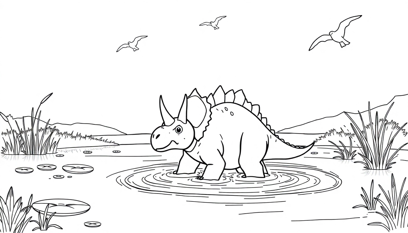 Ausmalbild eines lächelnden Triceratops in einer Landschaft mit Wasser und Schilf.