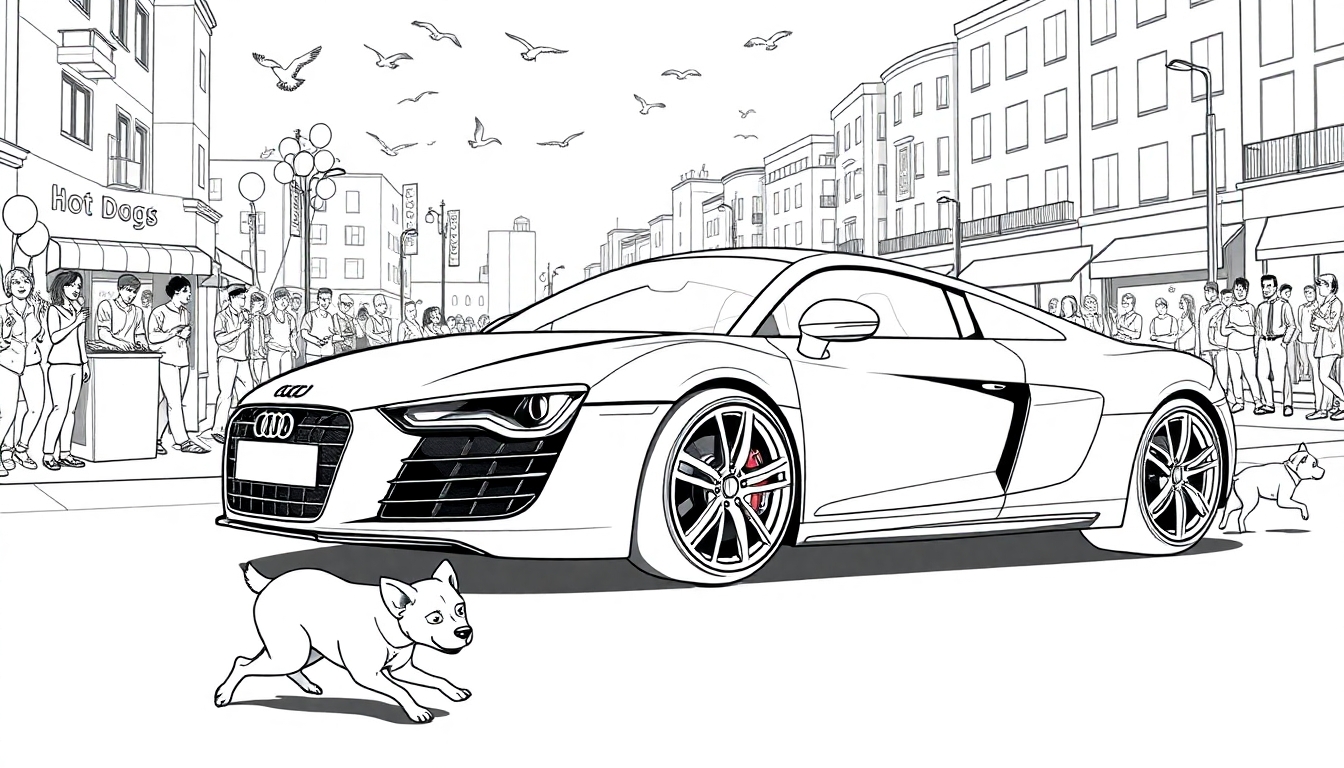 Ausmalbild eines Audi R8 mit einem spielenden Hund im Vordergrund und einer belebten Straße im Hintergrund.