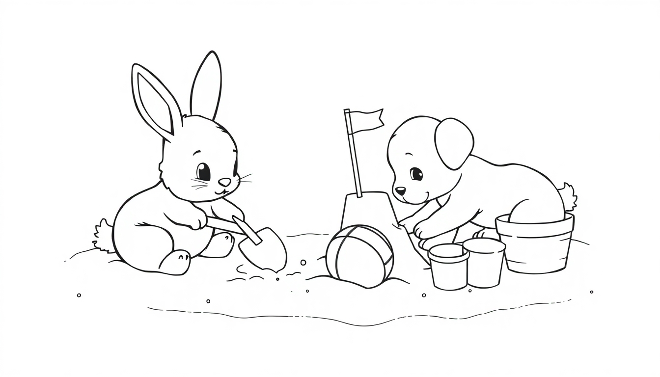 Ausmalbild eines Baby-Hasen und eines Baby-Hündchens, die zusammen im Sand spielen.