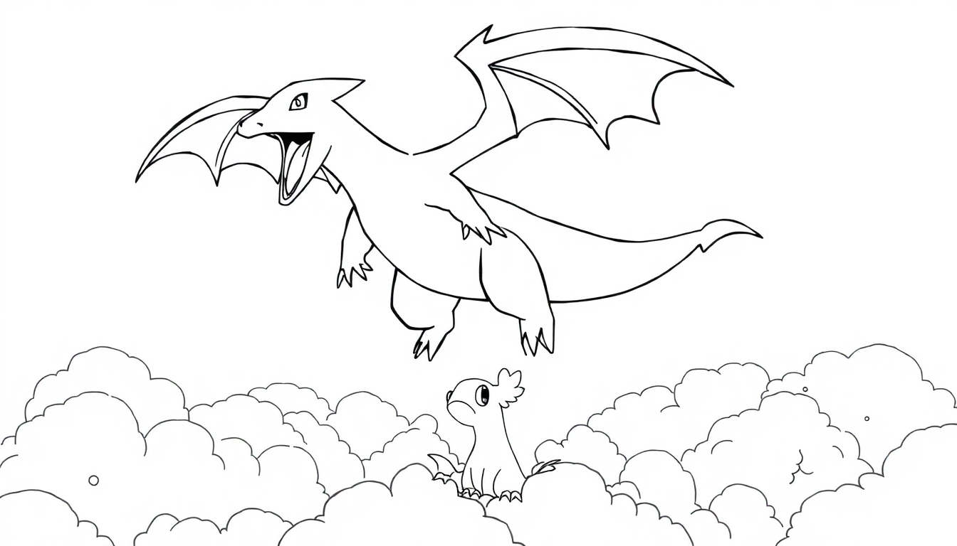 Ausmalbild mit Charizard, das durch Wolken fliegt, und einem kleinen neugierigen Vogel auf den Wolken.