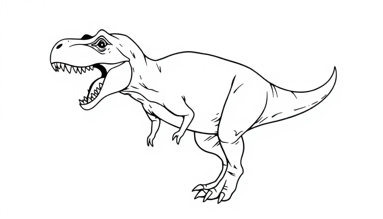 Ausmalbild eines Tyrannosaurus rex mit aufgerissenem Maul und kräftigem Körperbau.