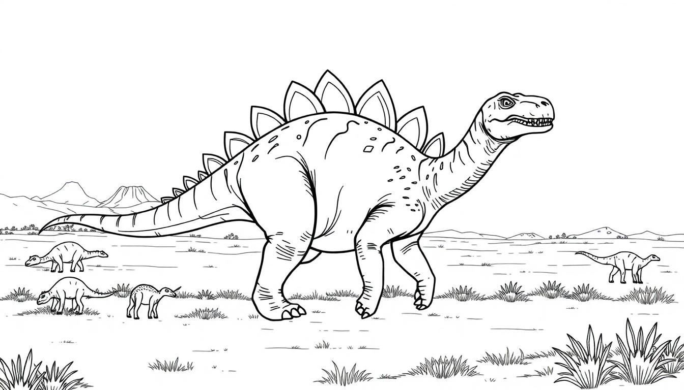 Ausmalbild eines Stegosaurus, der durch eine prähistorische Landschaft mit anderen Dinosauriern spaziert.