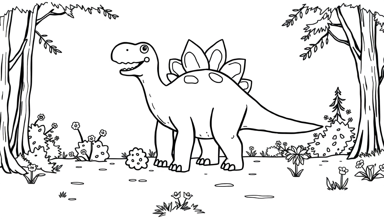 Ausmalbild eines fröhlichen Stegosaurus im Wald mit Bäumen und Blumen.