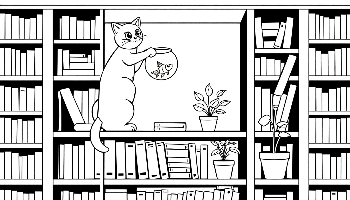 Ausmalbild von einer Katze in einem Bücherregal, die einen Goldfisch in einem runden Glas hält.