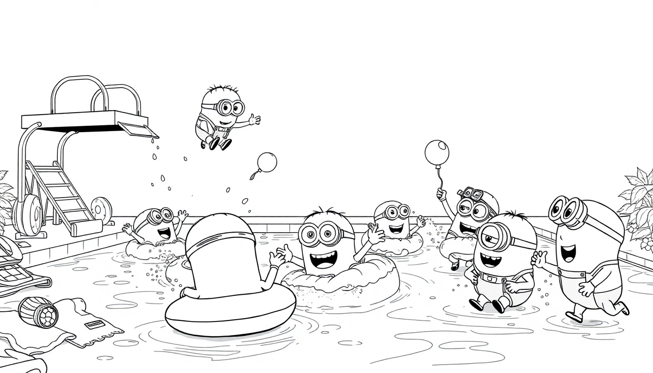 Ausmalbild: Minions haben Spaß in einem Pool mit Schwimmreifen und Luftballons.