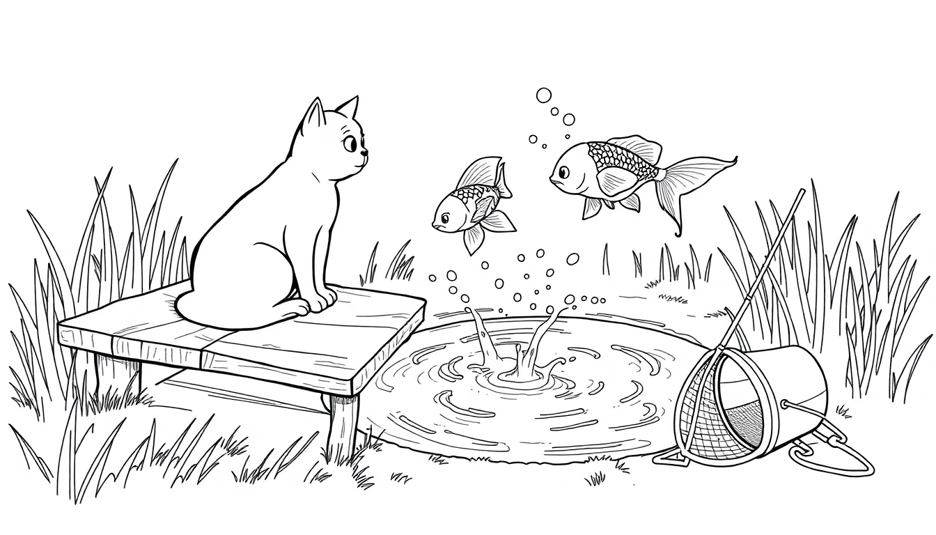 Ausmalbild einer Katze, die neugierig zwei Goldfische an einem Teich betrachtet.