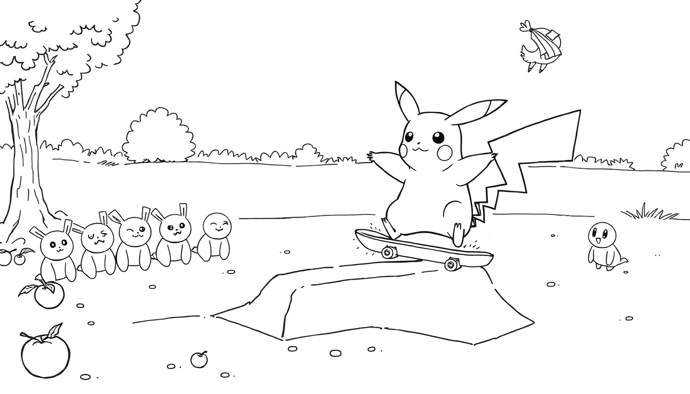 Ausmalbild: Pikachu auf einem Skateboard in der Natur, umgeben von niedlichen Kaninchen und Vögeln.