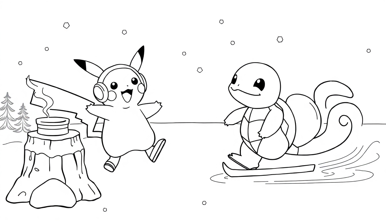 Ausmalbild von Pikachu mit Ohrenschützern und Schiggy auf einem Ski bei einem Winterfest.