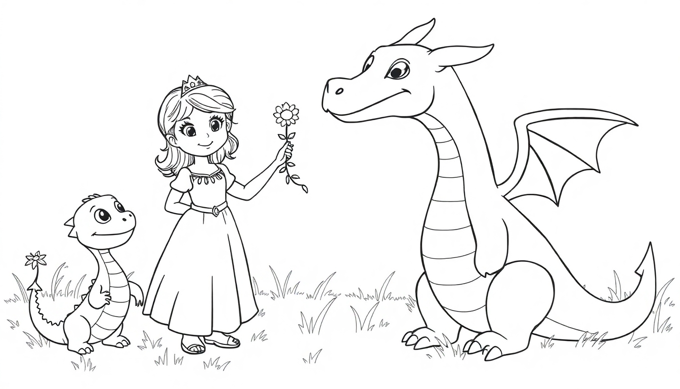 Ausmalbild einer Prinzessin, die einem freundlichen großen Drachen eine Blume reicht, während ein kleiner Drache daneben steht und neugierig schaut.