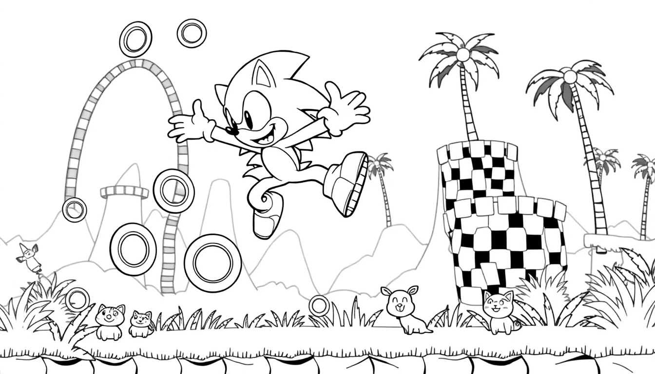 Ausmalbild von Sonic, der fröhlich durch eine grüne Landschaft springt und goldene Ringe sammelt. Im Hintergrund sind Palmen, Hügel und Tiere zu sehen.