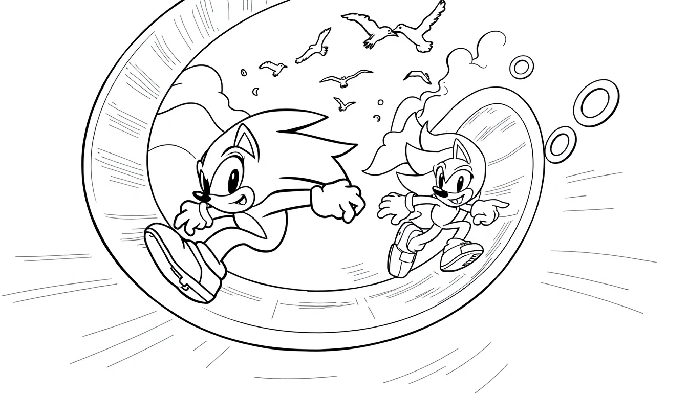 Ausmalbild: Sonic und ein Freund rasen durch eine große Looping-Röhre mit Ringen und Vögeln im Hintergrund.