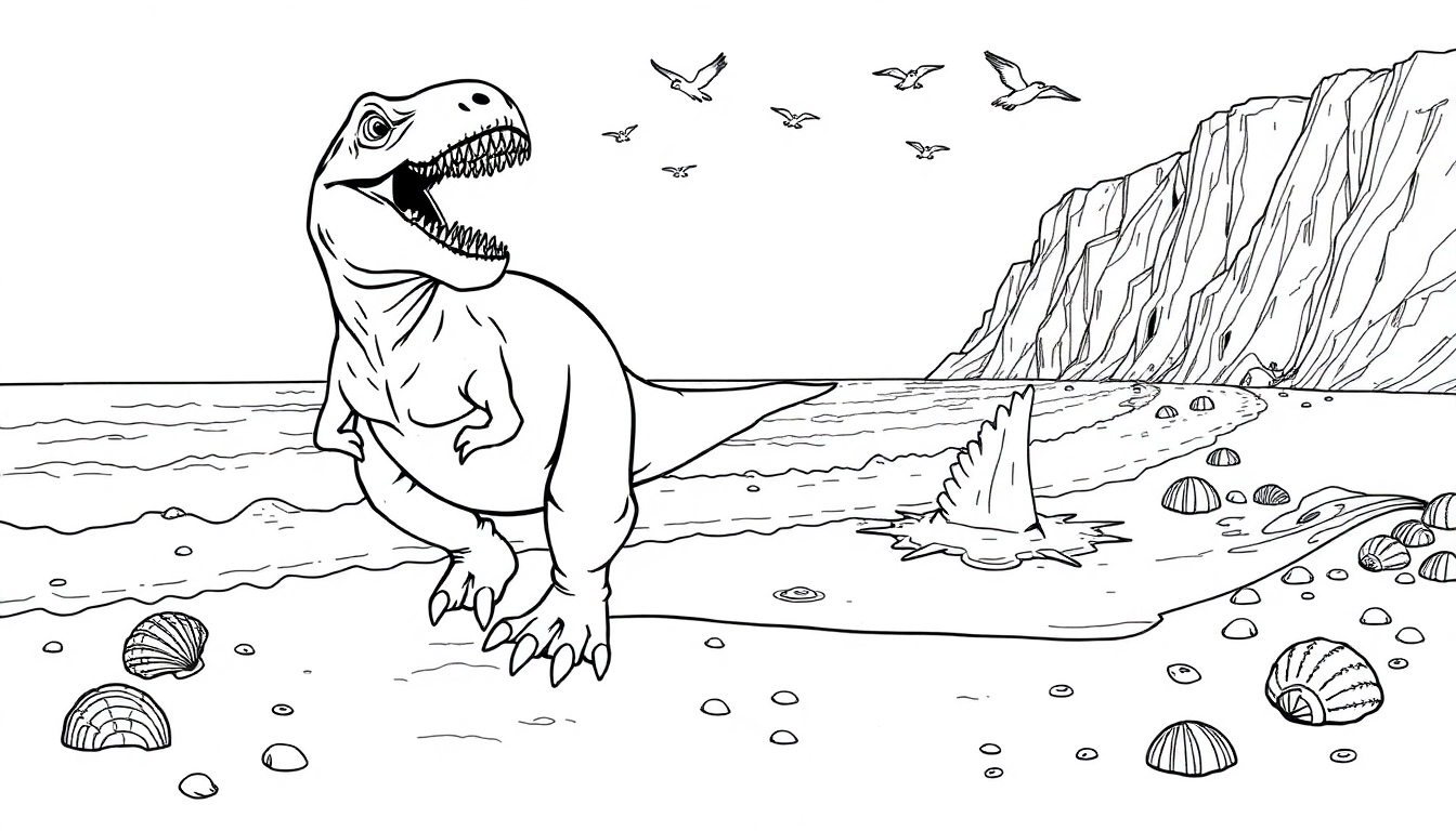 Ausmalbild eines T-Rex, der an einem Strand mit Muscheln und einer Felsenlandschaft im Hintergrund spaziert.