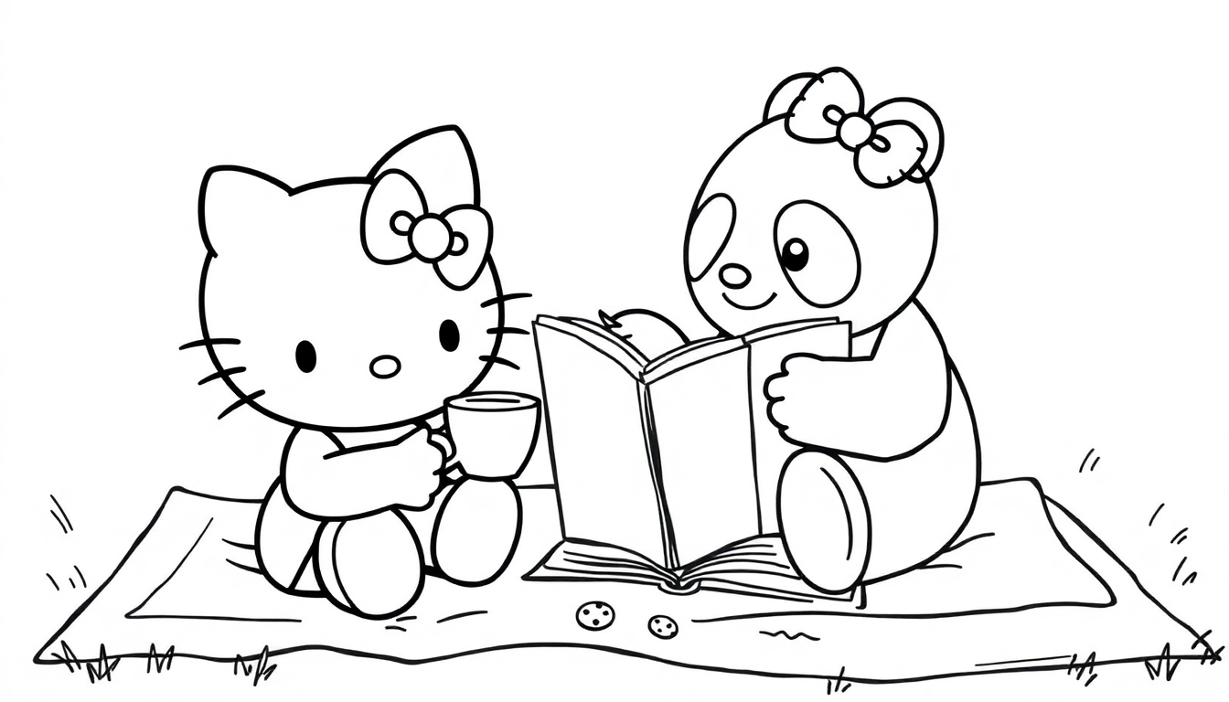 Ausmalbild von Hello Kitty und einem Panda, die zusammen auf einer Picknickdecke Tee trinken und ein Buch lesen.