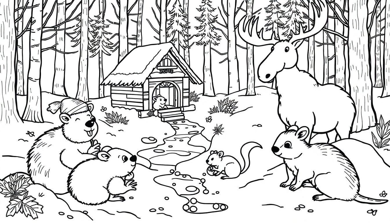 Ausmalbild mit Waldtieren, die sich auf den Winter vorbereiten: Biber, Eichhörnchen, Maus, Elch und Maulwurf rund um eine Holzhütte.