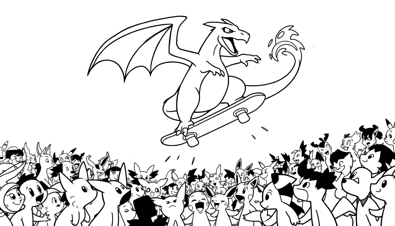 Ausmalbild: Ein Charizard macht einen Skateboard-Trick inmitten einer jubelnden Menge.