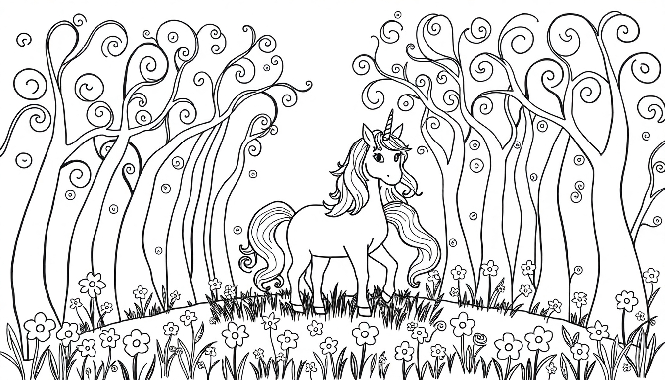 Ein Ausmalbild mit einem Einhorn in einem magischen Wald mit spiralförmigen Bäumen und Blumen.