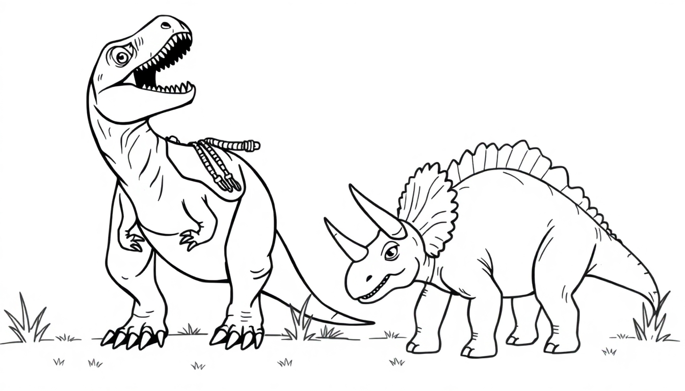 Ausmalbild von einem T-Rex und einem Triceratops auf einer Wiese.