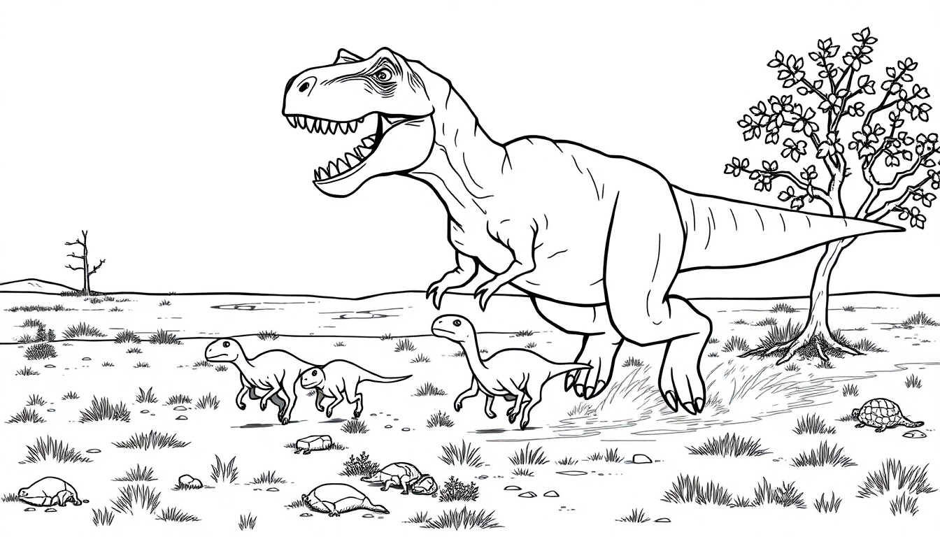 Ausmalbild eines T-Rex in einer prähistorischen Landschaft mit kleinen Dinosauriern und Pflanzen.