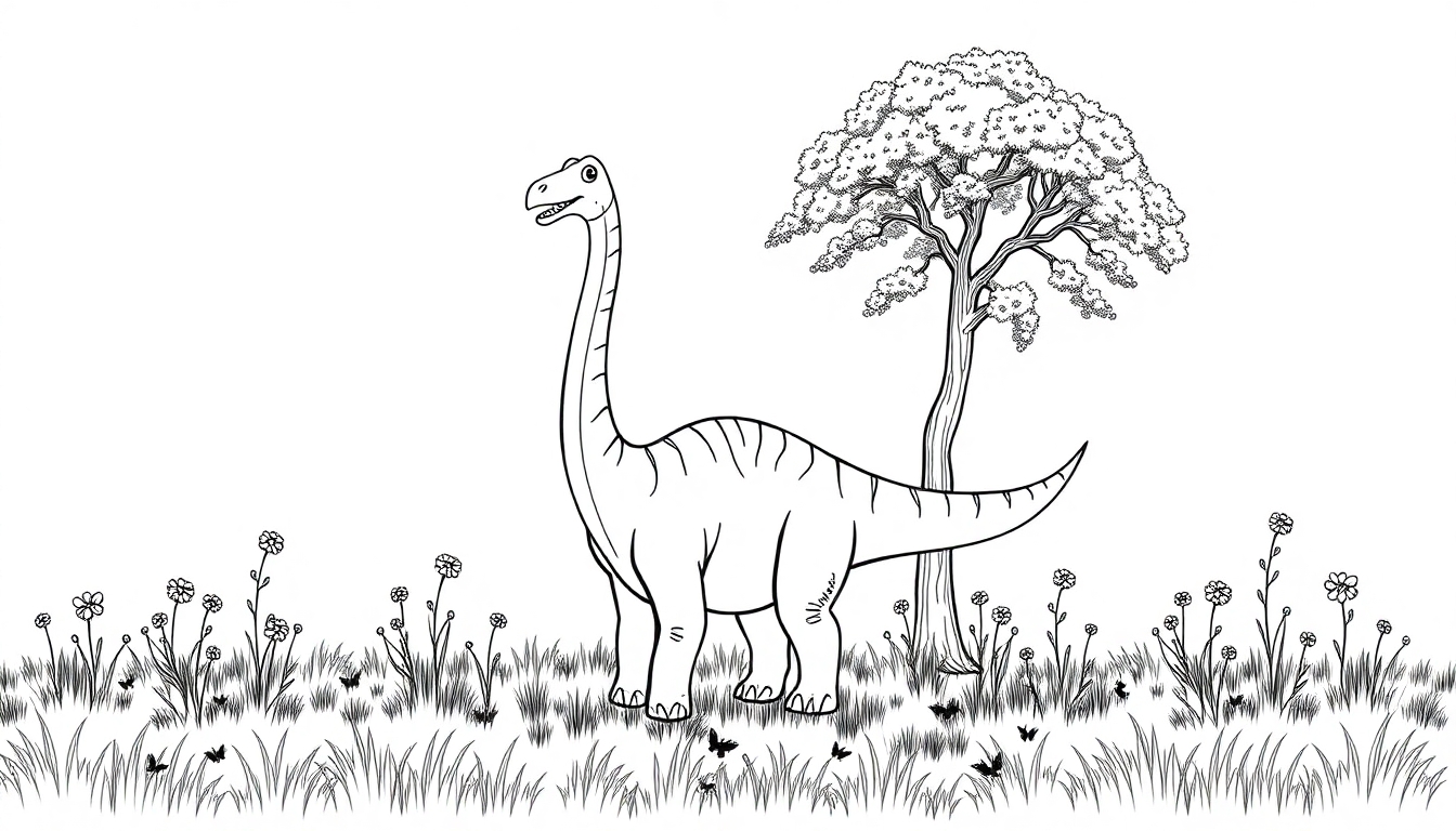 Ausmalbild eines Diplodocus, der sich in einer blühenden Wiese nahe eines Baumes befindet.