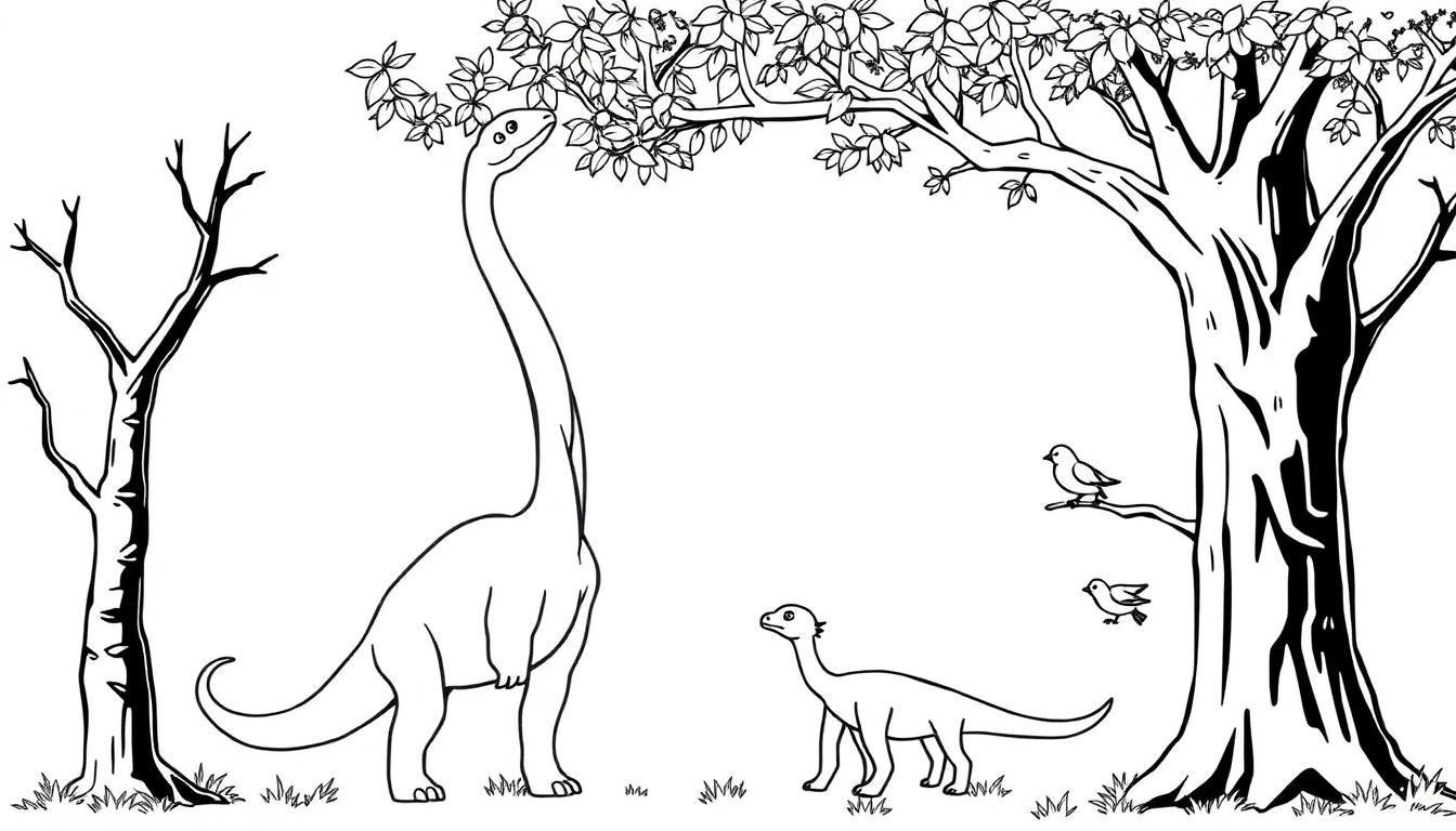 Ausmalbild: Ein Diplodocus streckt seinen langen Hals, um die Blätter eines Baumes zu erreichen, während ein kleinerer Dinosaurier und Vögel um ihn herum sind.