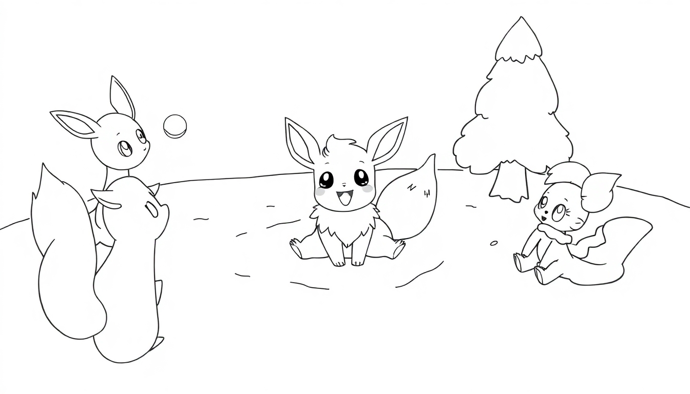 Ausmalbild mit Eevee und Freunden beim Spielen im Schnee mit einem Baum im Hintergrund.