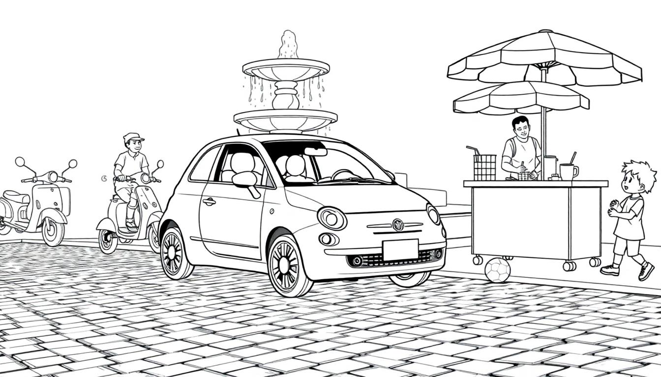 Ausmalbild eines Fiat 500, geparkt vor einem Brunnen, mit einem Eisverkäufer und einem spielenden Kind.