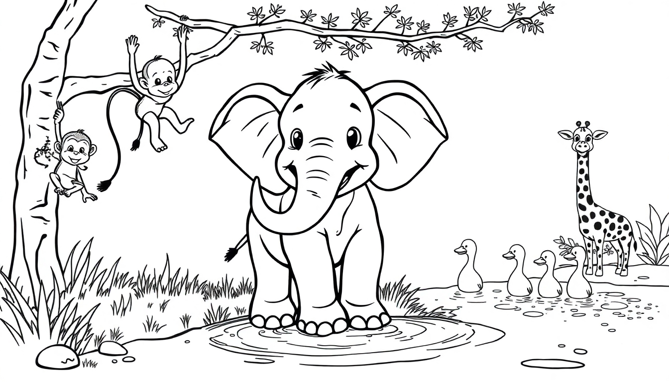 Ausmalbild: Ein fröhlicher Elefant steht am Wasser mit spielenden Affen im Baum und einer Giraffe sowie Enten in der Nähe.