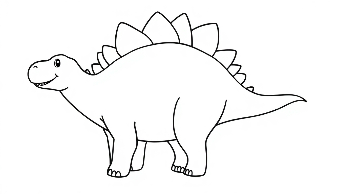 Ein fröhliches Ausmalbild eines Stegosaurus mit großen Rückenplatten und einem Lächeln.