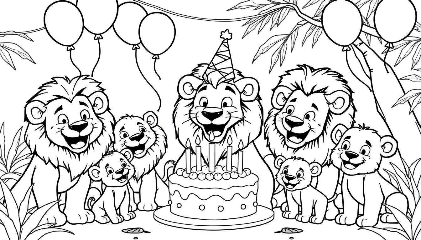 Ausmalbild mit einer Löwenfamilie bei einer Geburtstagsfeier mit Torte und Luftballons.