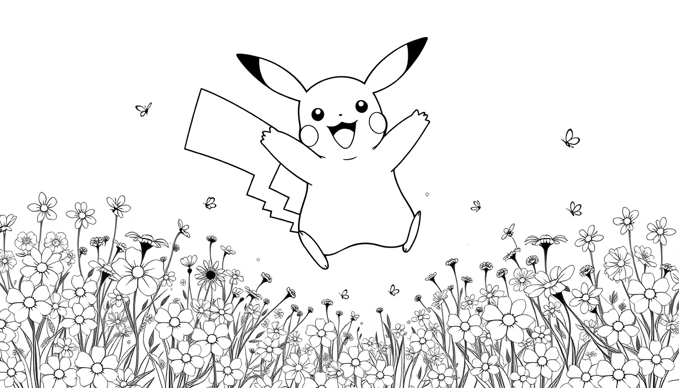 Ausmalbild: Pikachu springt fröhlich in einem Blumenfeld, umgeben von Schmetterlingen.