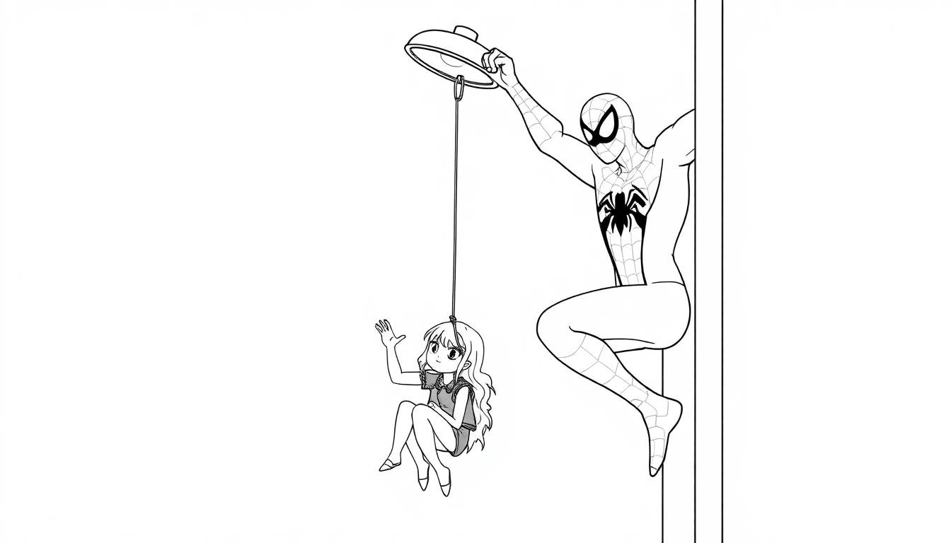 Ausmalbild: Spiderman rettet ein Mädchen, das an einem Seil hängt, und klettert an einem Gebäude.