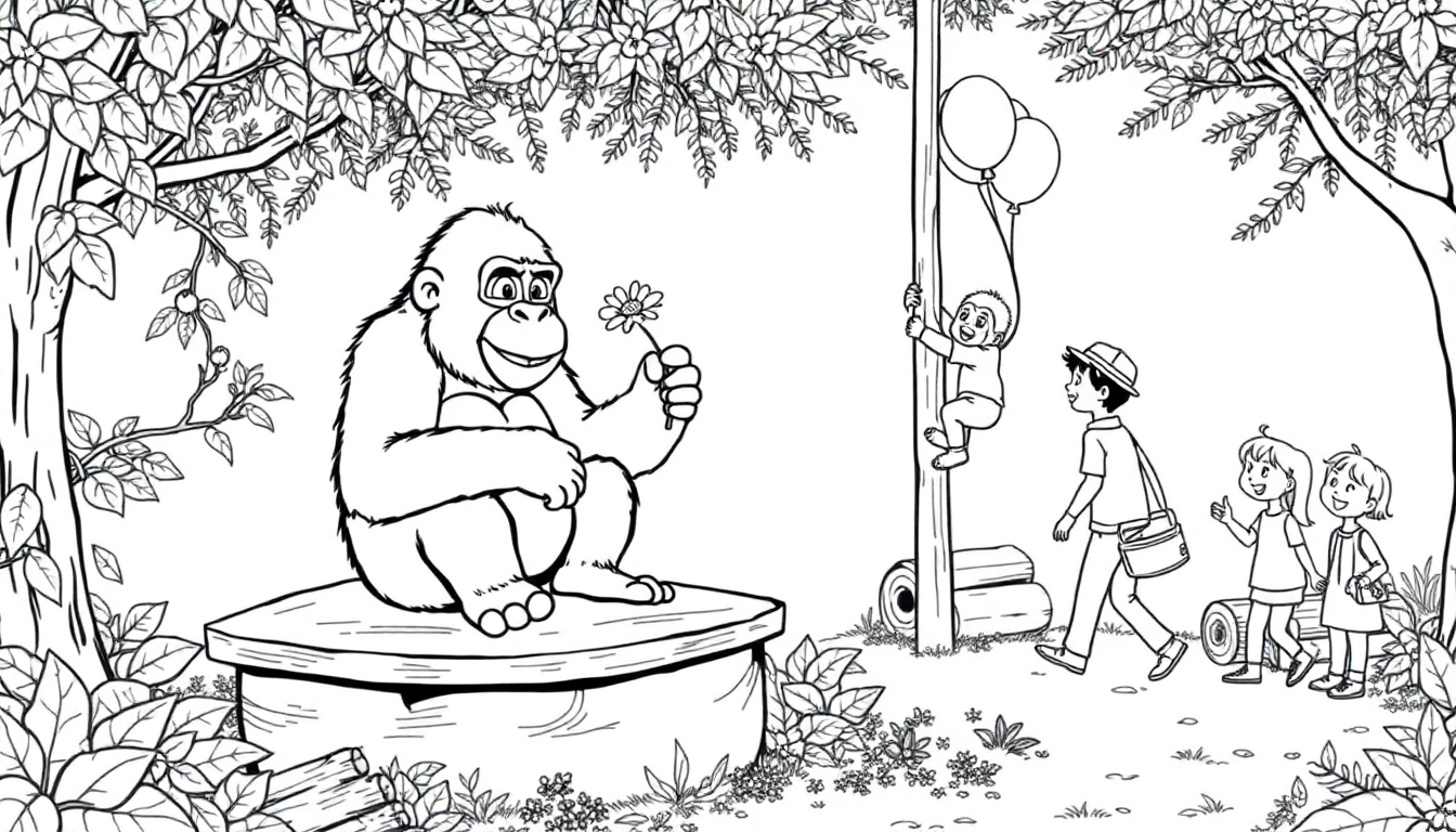 Ausmalbild: Ein Gorilla hält eine Blume, während Kinder ihn in einer Waldlandschaft beobachten.