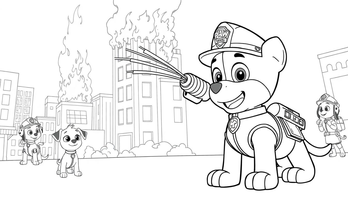 Ausmalbild von Marshall aus Paw Patrol, wie er ein Feuer löscht.