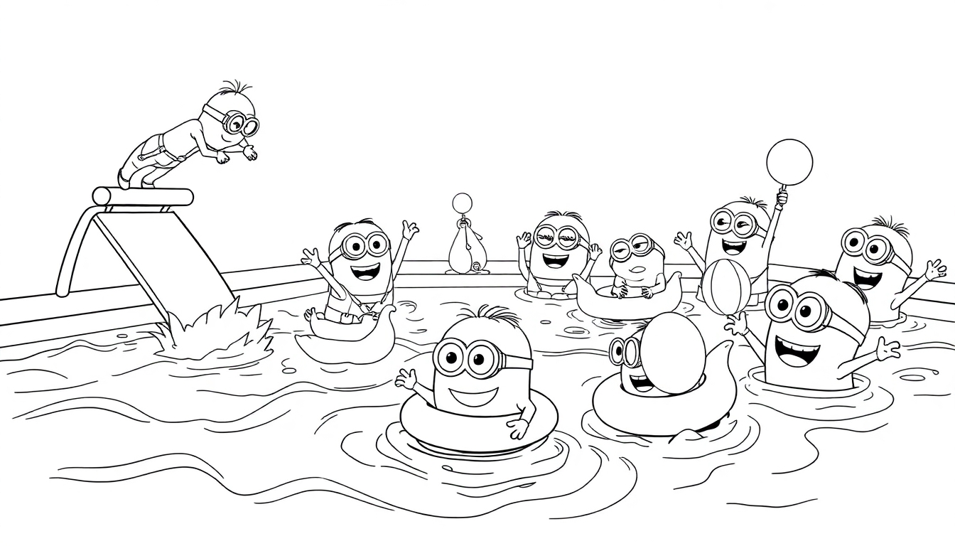 Ausmalbild von Minions, die in einem Pool planschen und Spaß haben.