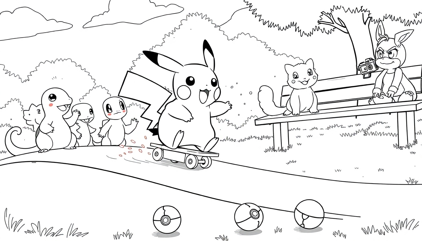 Ein Ausmalbild von Pikachu, das mit einem Skateboard fröhlich einen Weg entlangrollt. Im Hintergrund stehen weitere Pokémon und beobachten die Szene neugierig.