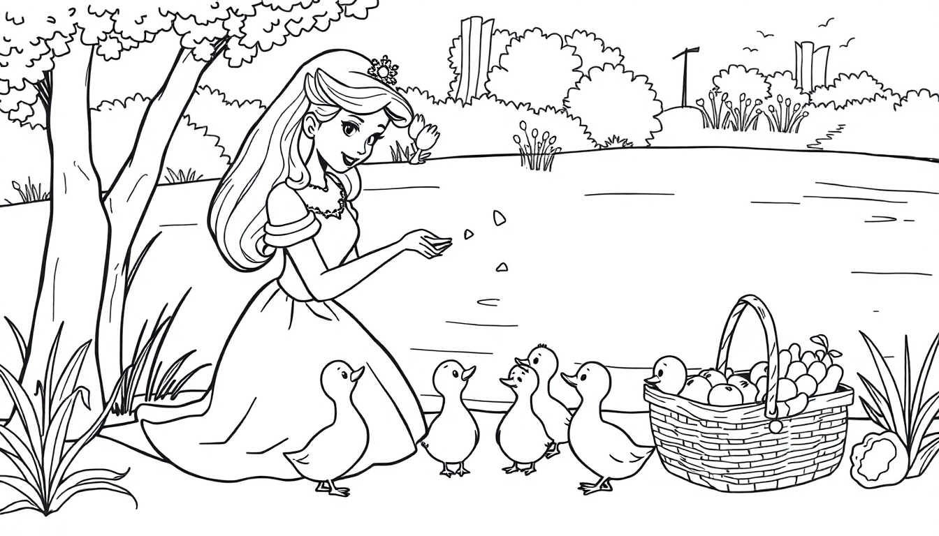 Ausmalbild einer Prinzessin bei einem Picknick, die Enten am See füttert.