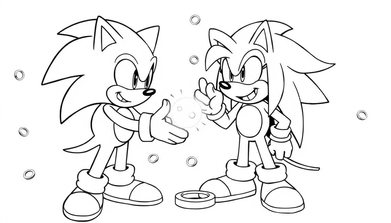 Ein Ausmalbild von Sonic und einem weiteren Charakter, die einen neuen Power-up-Ring teilen.