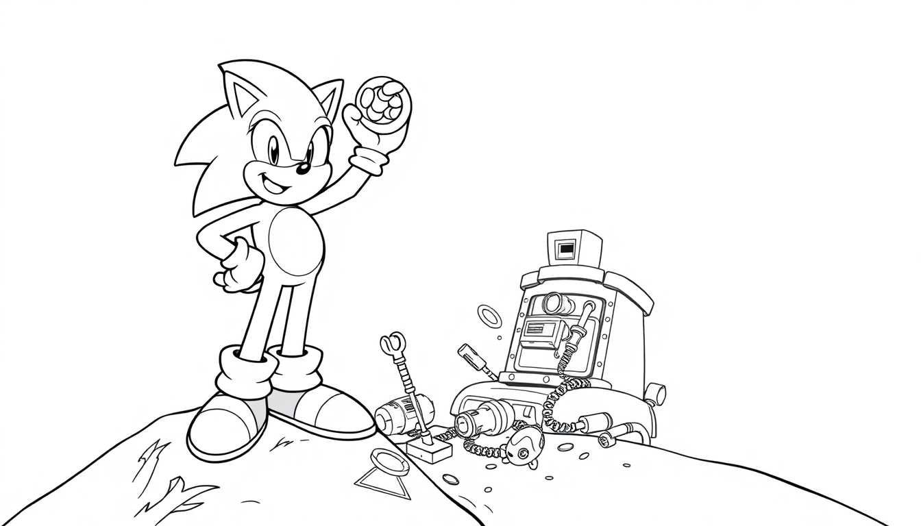 Ausmalbild von Sonic der Igel, wie er stolz mit einem eingesammelten Ring vor einem besiegten Roboter posiert.