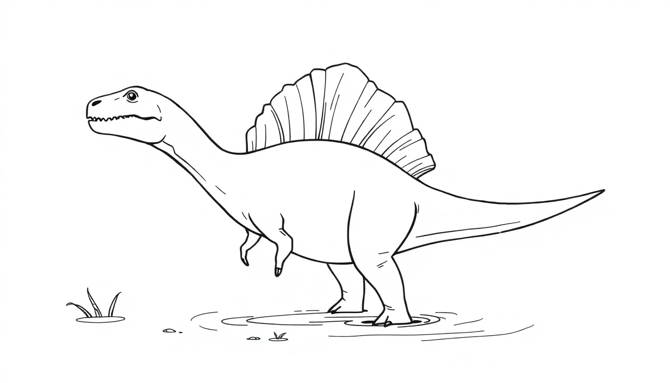 Ausmalbild eines Spinosaurus, der im flachen Wasser steht.