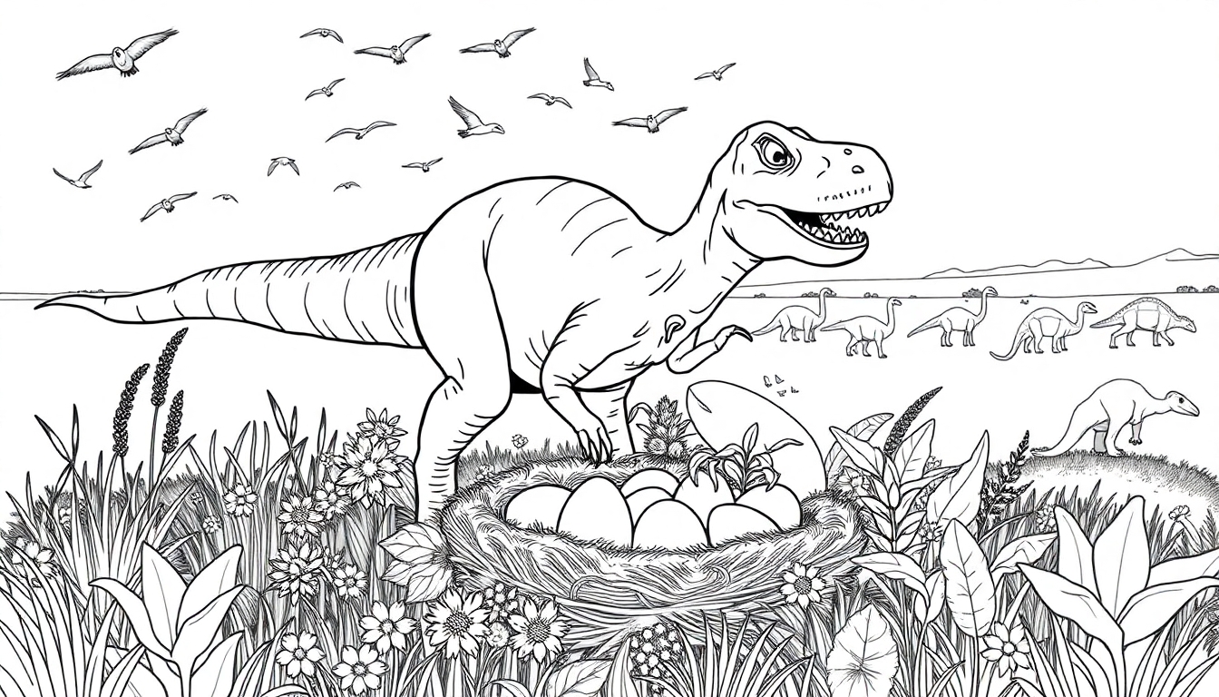 Ein Ausmalbild eines T-Rex, der vor einem Nest mit Eiern in einer Landschaft mit Pflanzen und anderen Dinosauriern steht.