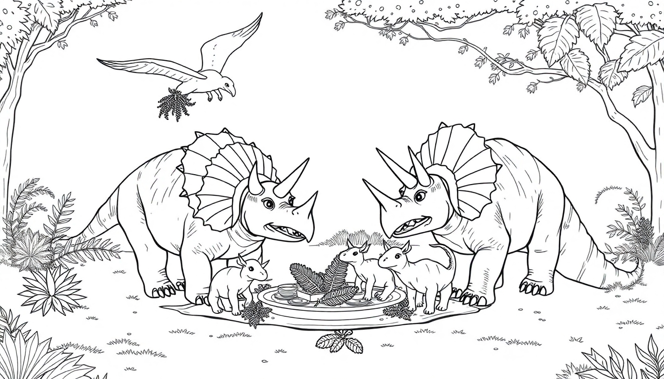 Ausmalbild einer Triceratops-Familie, bestehend aus zwei großen und drei kleinen Triceratops, die in einer Waldszene zusammen essen.