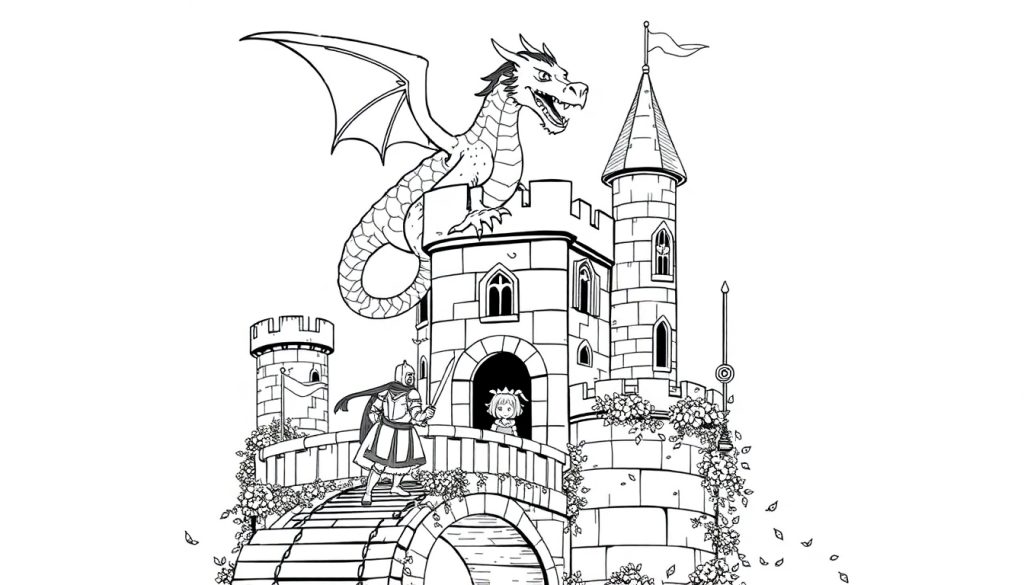 ich-will-einen-drachen-auf-einer-burg-coloring-page-1