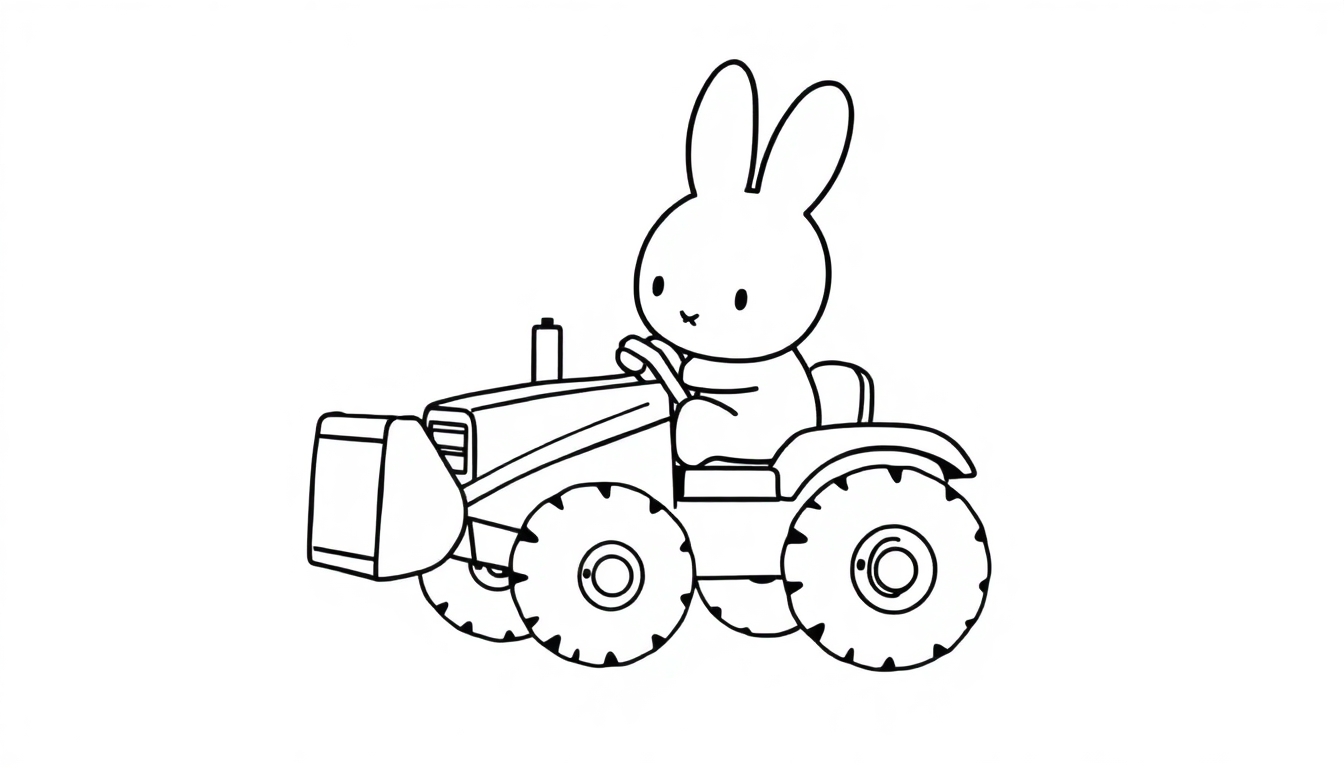 Ausmalbild: Miffy fährt einen großen Bagger mit niedlichem Ausdruck.