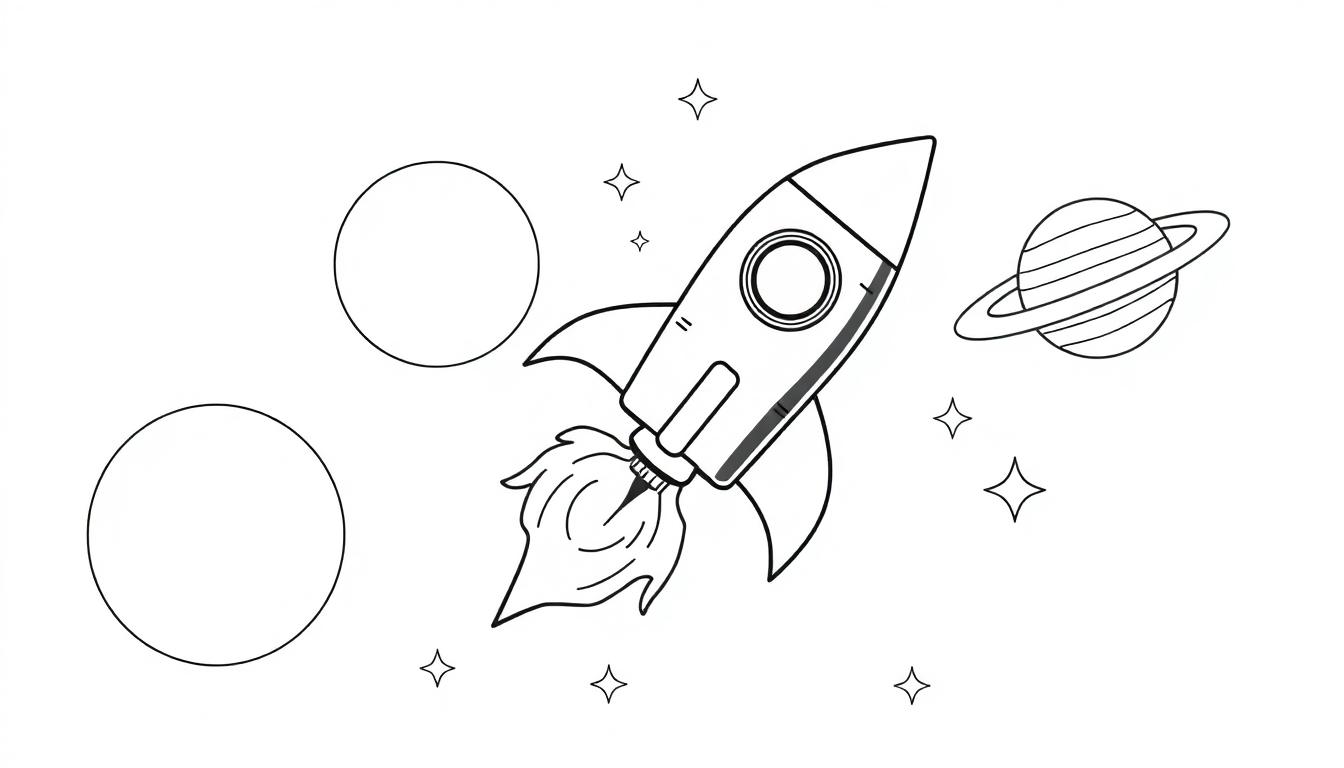 Ausmalbild einer Rakete mit Flammen, die durch das Weltall fliegt, umgeben von Planeten und Sternen.