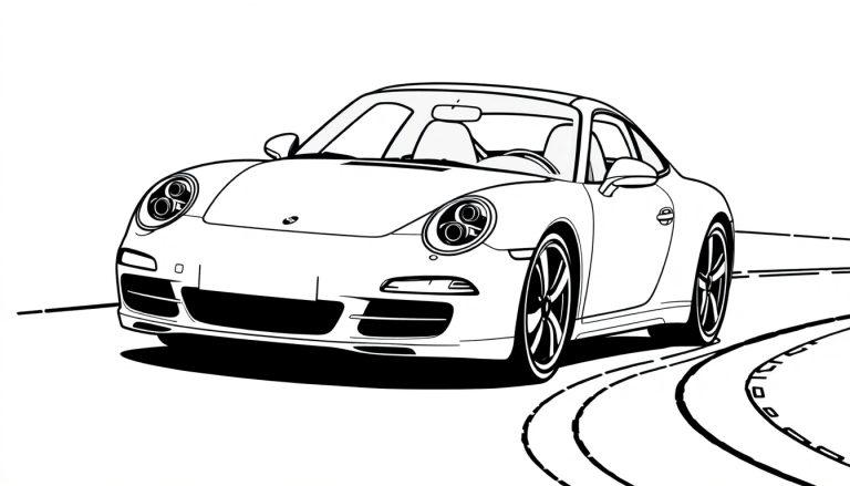 Ein stilisierter, schwarz-weißer Porsche 911 mit klaren Linien und geschwungenen Reifenspuren auf der Straße, inspiriert von einer Farbtabelldarstellung.