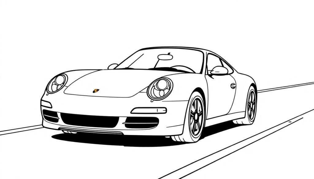 Stilisierte schwarz-weiße Zeichnung eines klassischen Porsche 911 auf einer leeren Fahrbahn, ergänzt durch eine minimalistische Farbtafel.