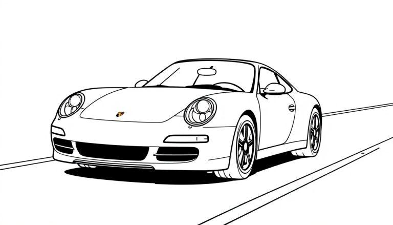Stilisierte schwarz-weiße Zeichnung eines klassischen Porsche 911 auf einer leeren Fahrbahn, ergänzt durch eine minimalistische Farbtafel.