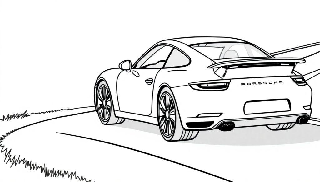Schwarz-weiße Zeichnung eines Porsche 911 mit einer Farbtafel, der elegant über eine kurvige Straße fährt.