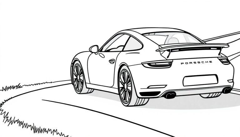 Schwarz-weiße Zeichnung eines Porsche 911 mit einer Farbtafel, der elegant über eine kurvige Straße fährt.